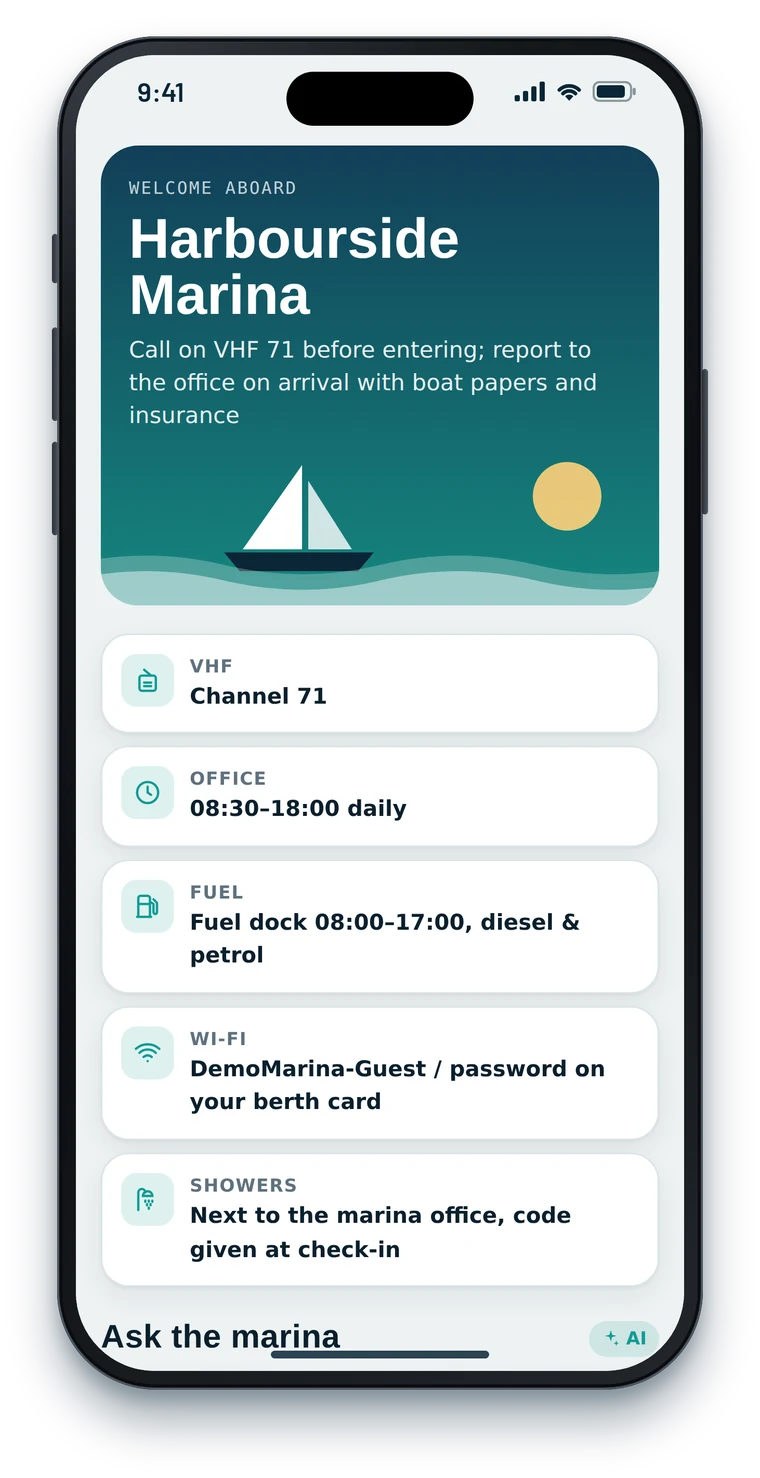 Guest page with marina information and assistant