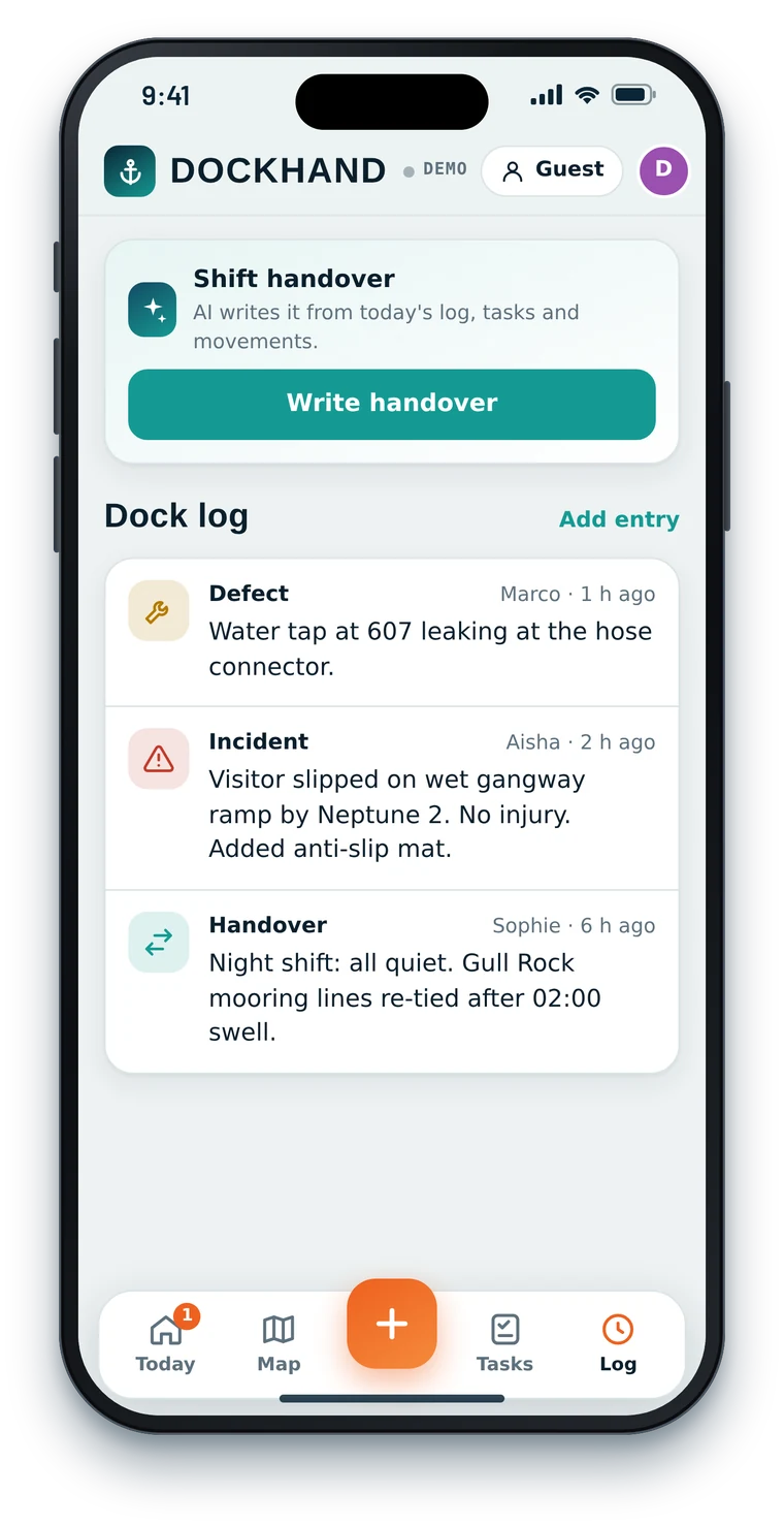 Dock log screen with defects, incidents and a shift handover button
