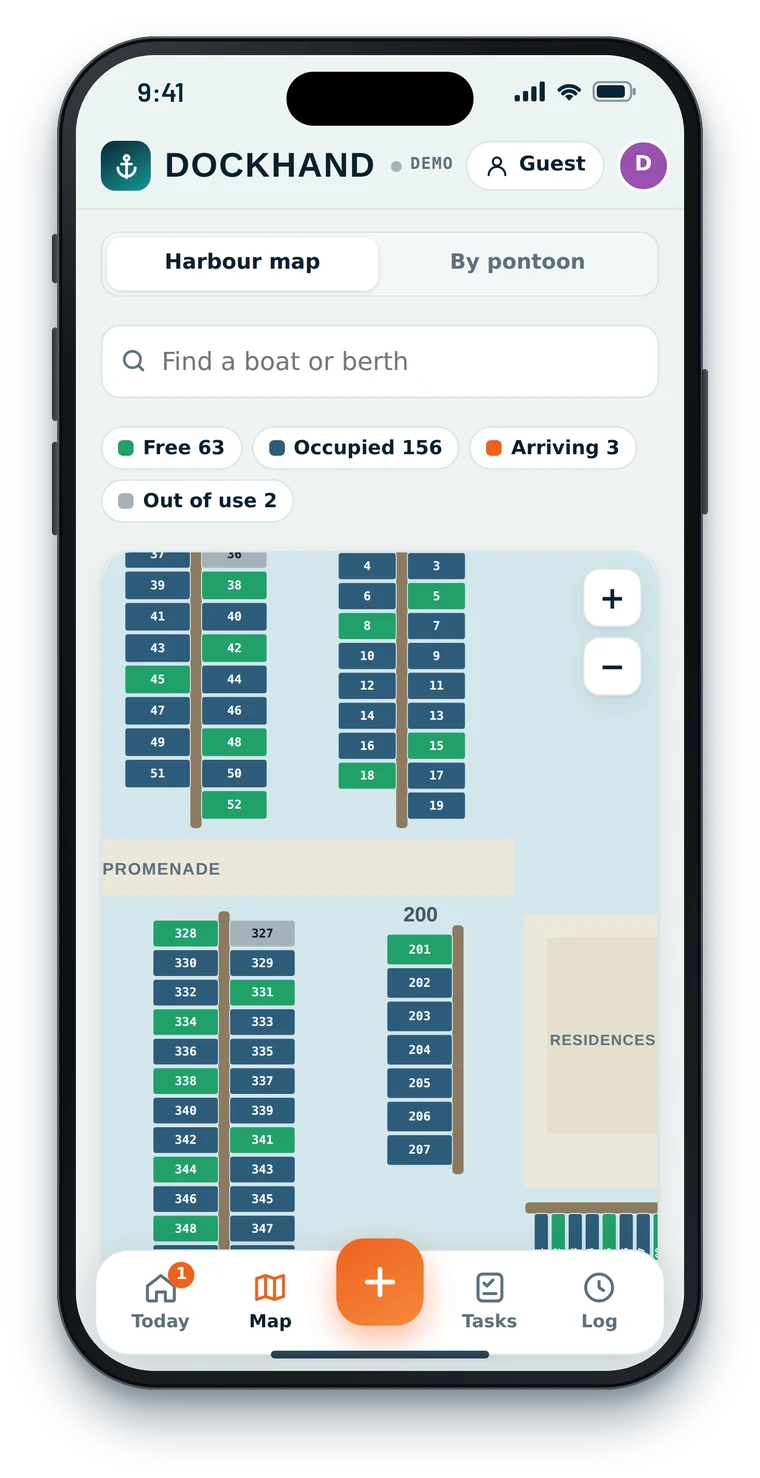Berth map screen with colour-coded berths