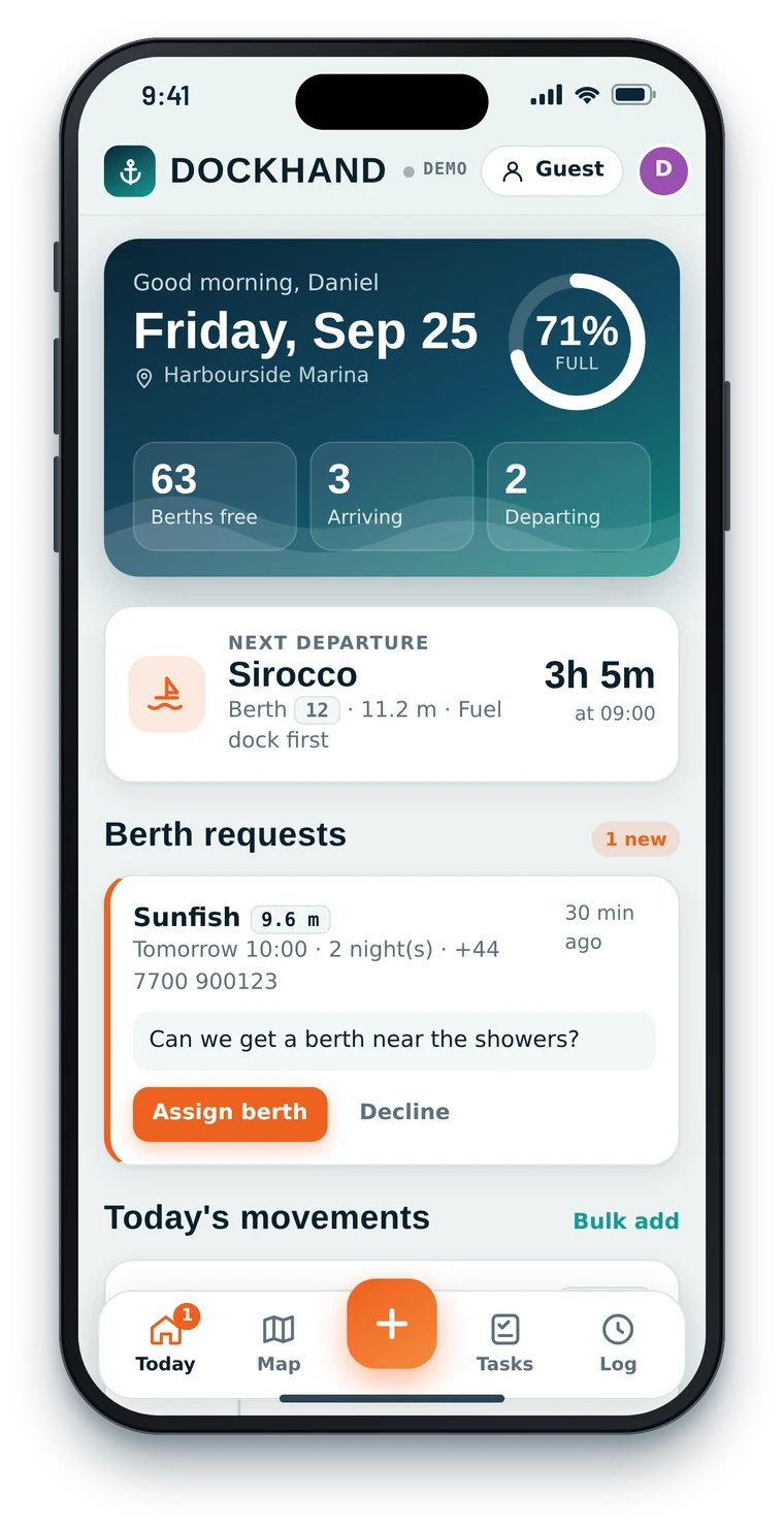 Dockhand Today screen showing occupancy, next departure and berth requests